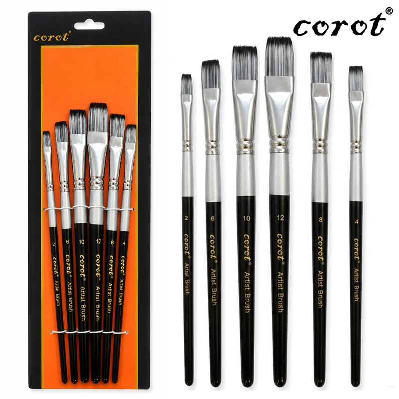 Corot Paint Brushes 6 Pcs of Flat Brushes, Suitable For Broad Coverage, Premium Nylon Bristles with Excellent Softness, Toughness (KLNLHB0103)